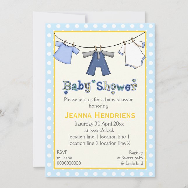Clothesline baby boy shower personalised invitation (Front)