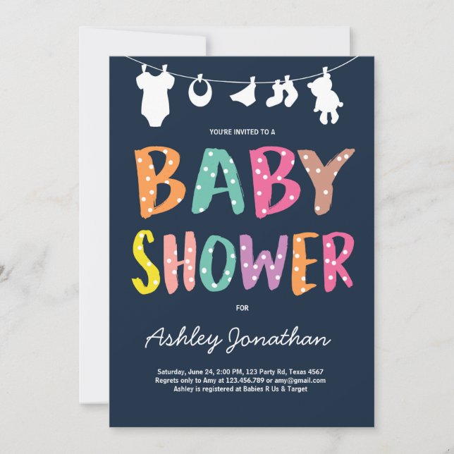 Clothesline Baby Shower invitation Baby clothes (Front)