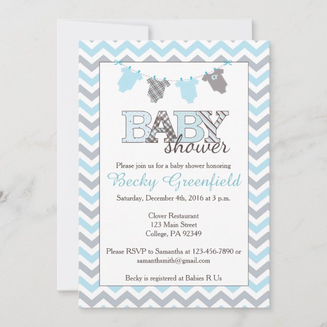 Clothesline Baby Shower Invitations for a Boy (Front)