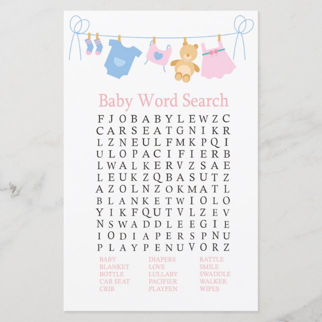 Clothesline Baby Shower Word Search Game (Front)