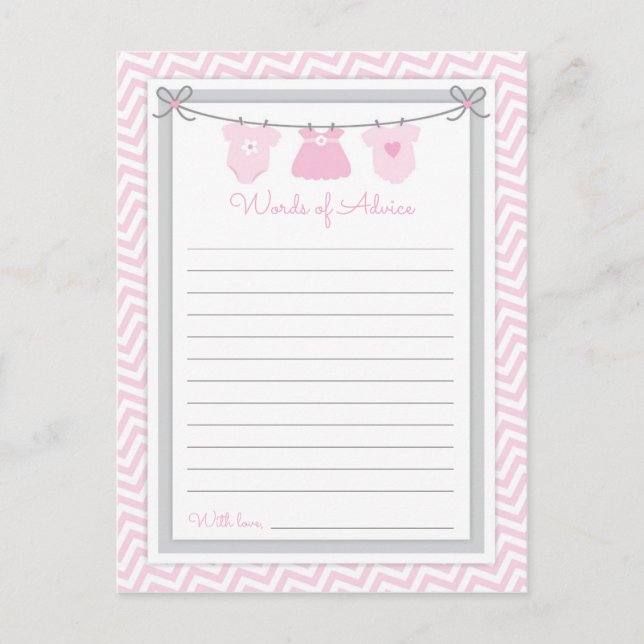 Clothesline Baby Shower Words of Advice pink-grey Postcard (Front)