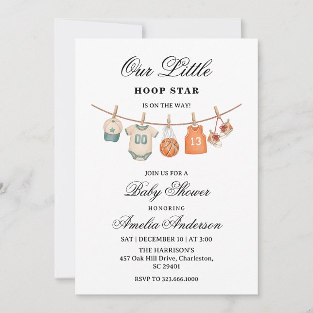 Clothesline Basketball baby shower invitation  (Front)