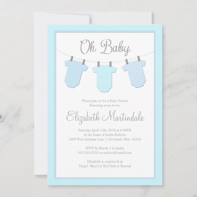 Clothesline Blue Baby Boy Shower Invitation (Front)
