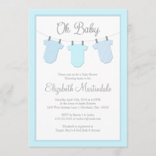 Clothesline Blue Baby Boy Shower Invitation