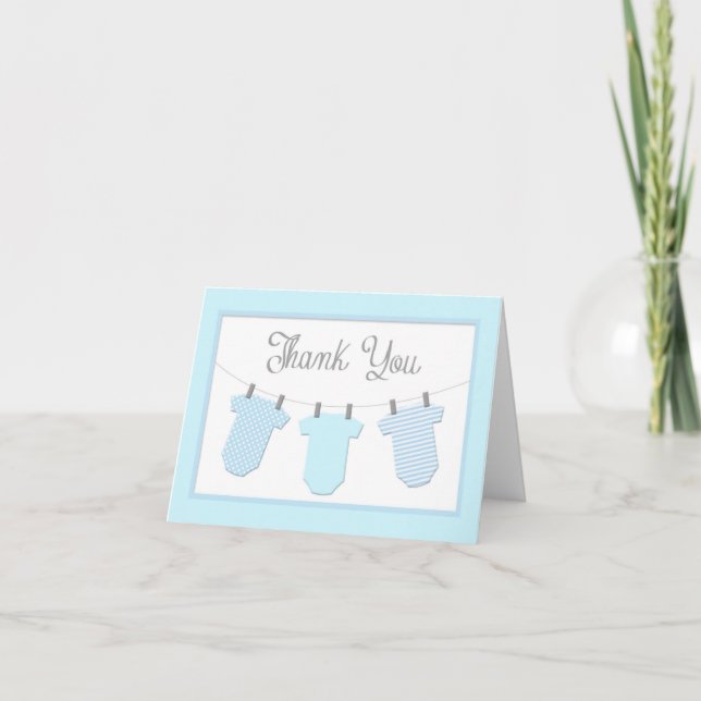 Clothesline Blue Boy Baby Shower Thank You (Front)
