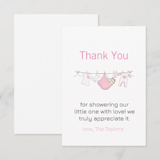 Clothesline Cute Girl Baby Shower Thank You   Card (Front/Back)