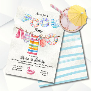 Clothesline Girl Pool Party Birthday Invitation