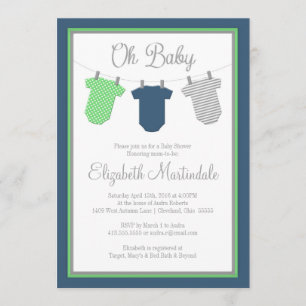 Clothesline Navy Green Baby Boy Shower Invitation