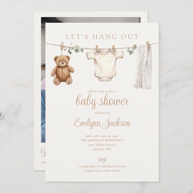 Clothesline Neutral Baby Shower Photo QR Code Invitation (Front/Back)