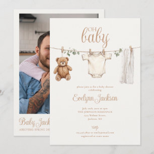 Clothesline Neutral Baby Shower Photo QR Code Invitation