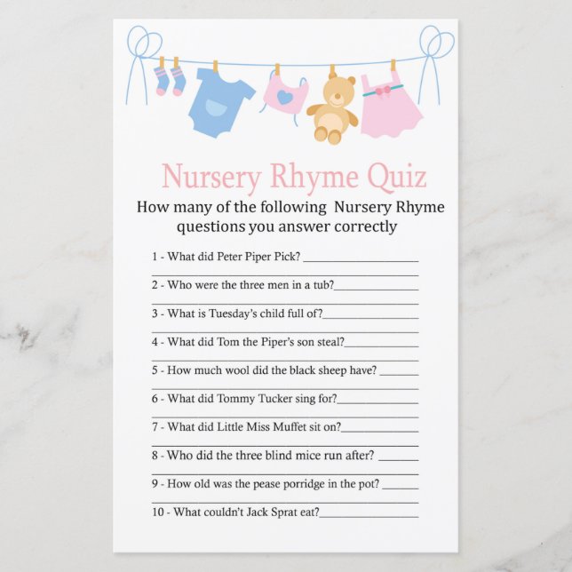 Clothesline Nursery Rhyme Quiz baby shower game (Front)