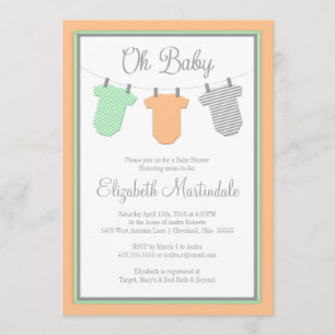 Clothesline Peach Mint Baby Girl Shower Invitation