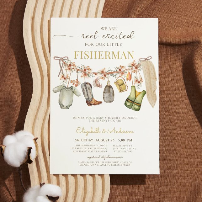 Clothesline Reel Fishing Rustic Floral Baby Shower Invitation (Creator Uploaded)