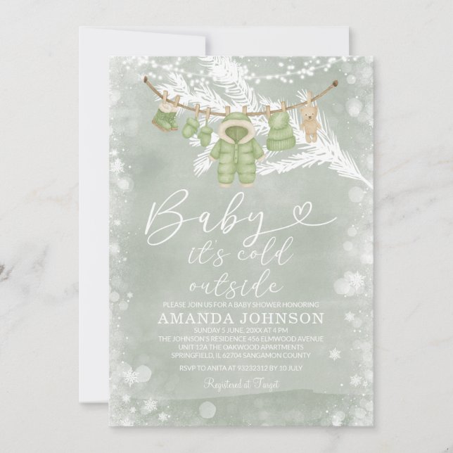 Clothesline Sage Green Cold Outside Baby Shower Invitation (Front)