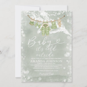 Clothesline Sage Green Cold Outside Baby Shower Invitation