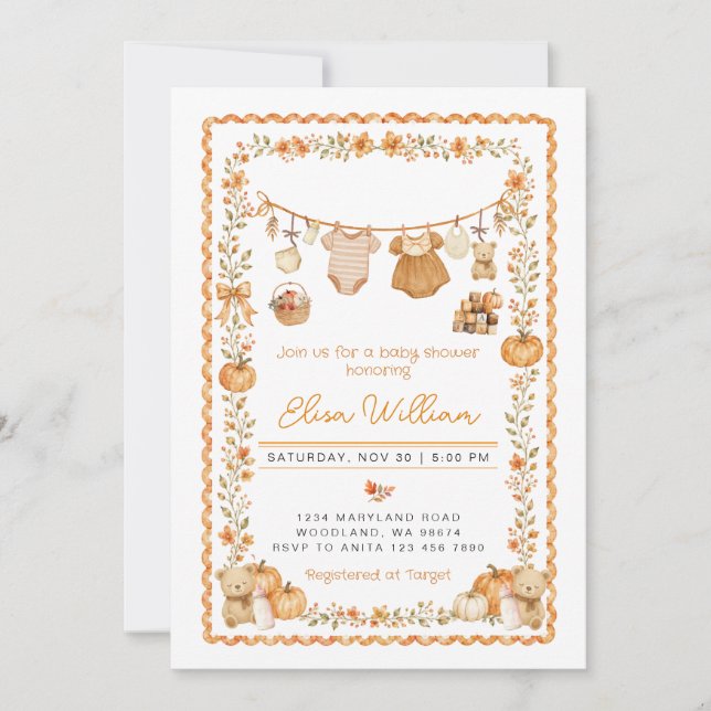 Clothesline Sweet Fall Pumpkins Framed Baby Shower Invitation (Front)