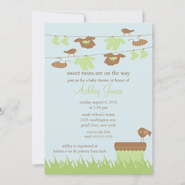 Clothesline Twins Gender Neutral Baby Shower Invitation (Front)