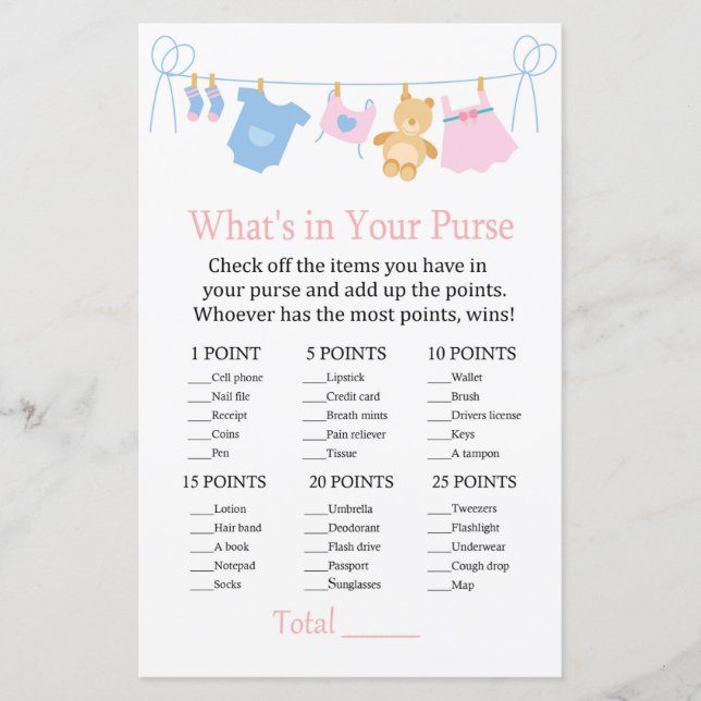 Clothesline What's in your purse game baby shower (Front)