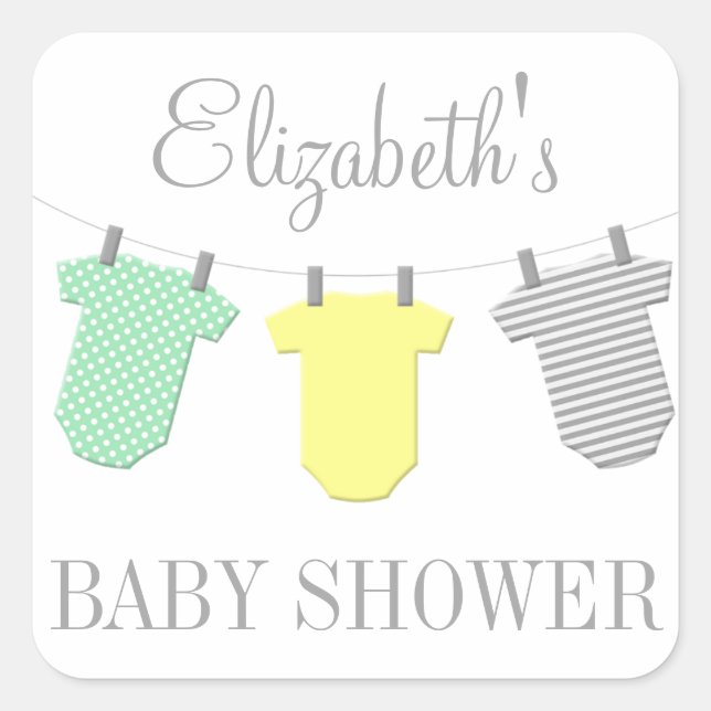 Clothesline Yellow & Aqua Baby Shower Sticker (Front)