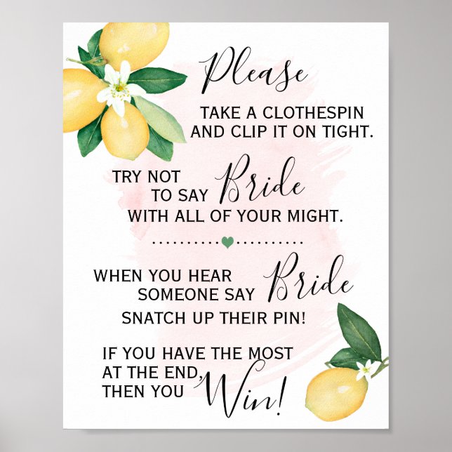 Clothespin Bridal Shower Game Lemons Pink Poster (Front)