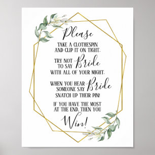 Clothespin bridal shower greenery gold game sign