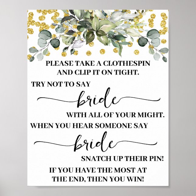 Clothespin Eucalyptus Gold Bridal Shower Game Sign (Front)