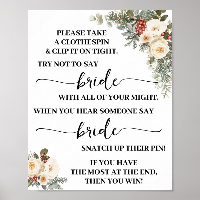 Clothespin Winter White Floral Bridal Shower Game Poster (Front)