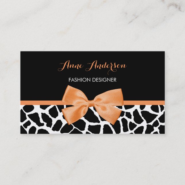 Clothier Girly Giraffe Print Orange Ribbon Bow Business Card (Front)