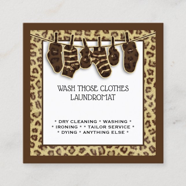 Clothing on line safari print laundry service square business card (Front)