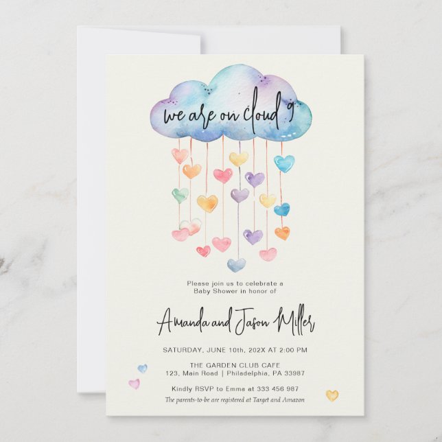 Cloud 9 Baby Shower cute hearts Save The Date (Front)