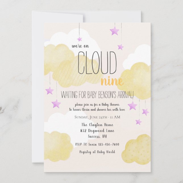 Cloud 9 Baby Shower Invitation in Gold (Front)