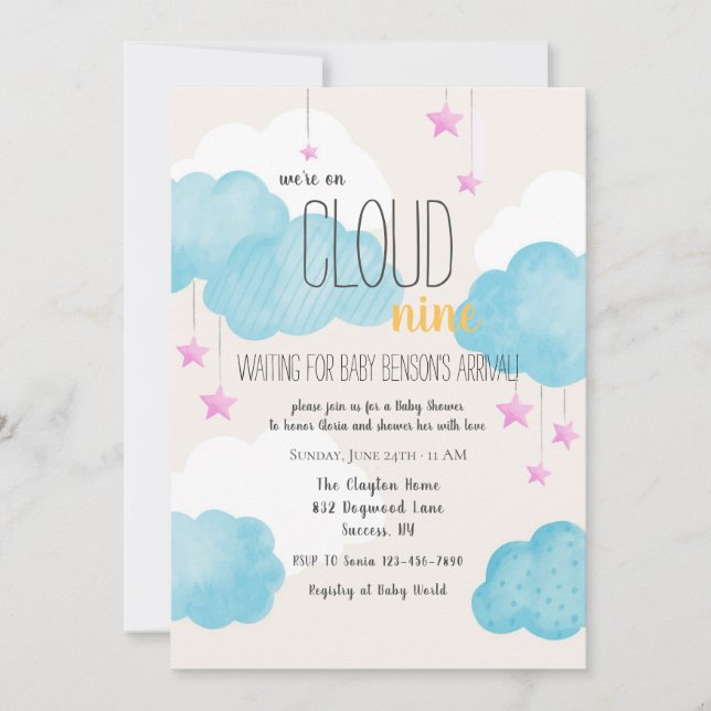 Cloud 9 Baby Shower Invitation with Pink Stars  (Front)