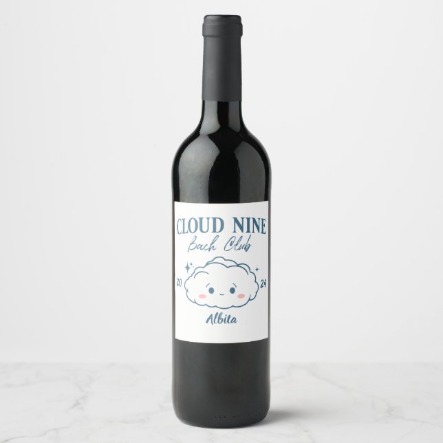cloud 9 bachelorette party blue girly wine label (Front)