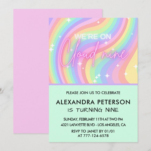 Cloud 9 Birthday Invitation Pastel Rainbow Stars (Front/Back)