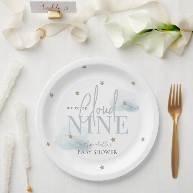 Cloud 9 Blue Clouds & Gold Stars Boy Baby Shower Paper Plate (Wedding)