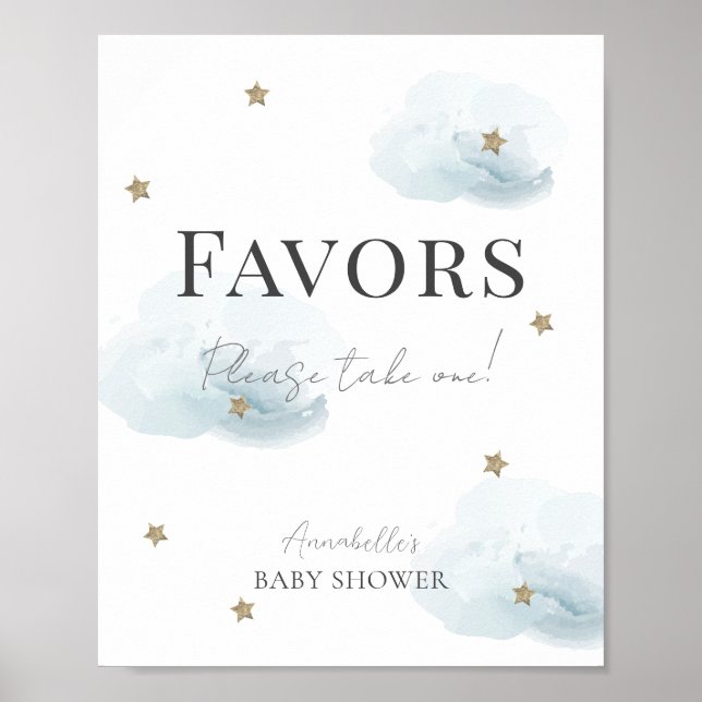 Cloud 9 Blue Clouds & Stars Boy Baby Shower Favour Poster (Front)