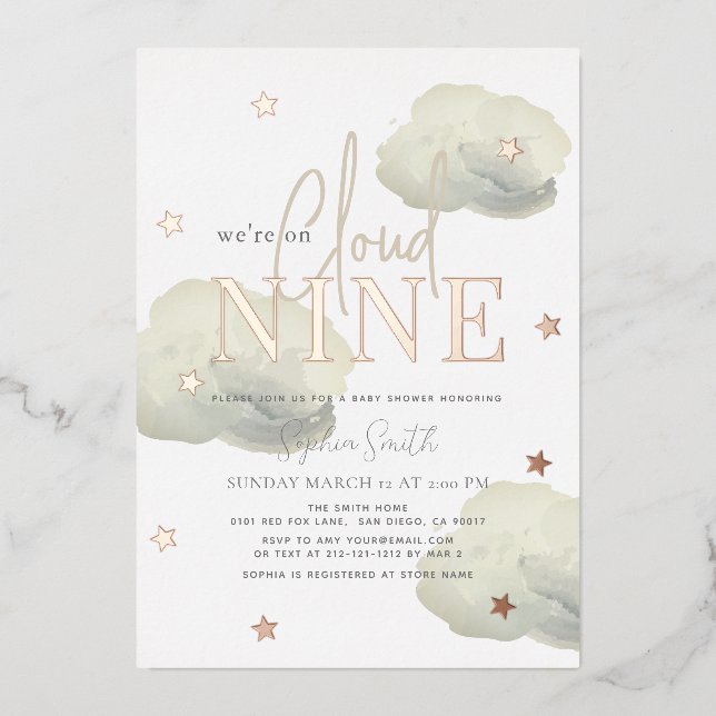 Cloud 9 Gold Clouds Watercolor Baby Shower (Front)