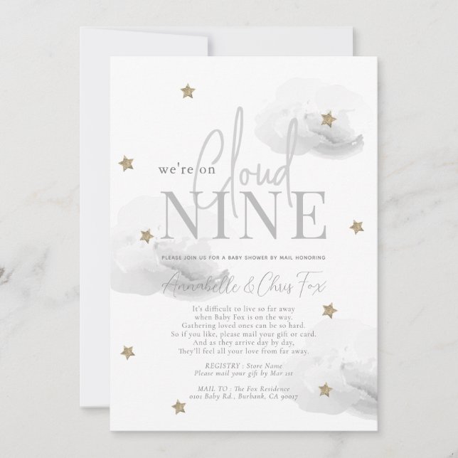 Cloud 9 Gold Star Grey Baby Shower by Mail Invitation (Front)