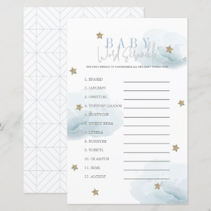 Cloud 9 Gold Stars Blue Baby Shower Word Scramble