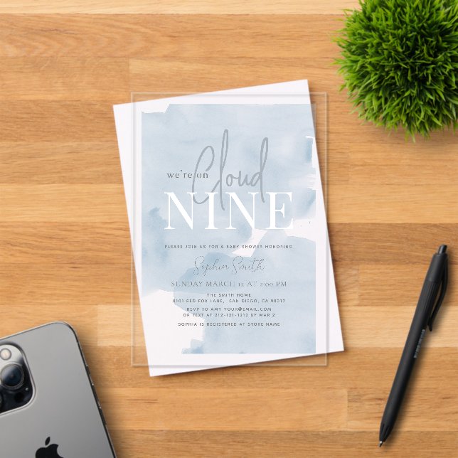 Cloud 9 Gold Stars Blue Boy Baby Shower Acrylic Invitations (Insitu (Invitation Card))