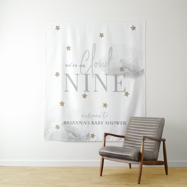 Cloud 9 Gold Stars Grey Baby Shower Welcome Tapestry (In Situ)