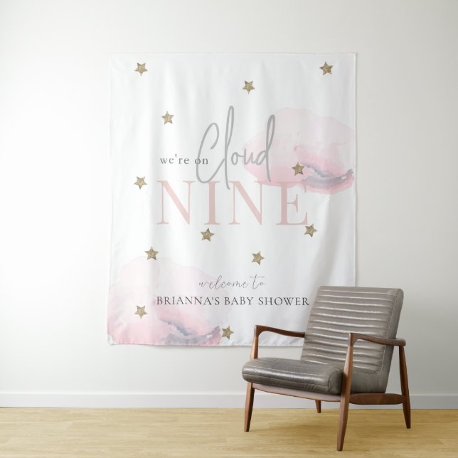 Cloud 9 Gold Stars Pink Baby Shower Welcome Tapestry (In Situ)