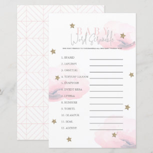 Cloud 9 Gold Stars Pink Baby Shower Word Scramble