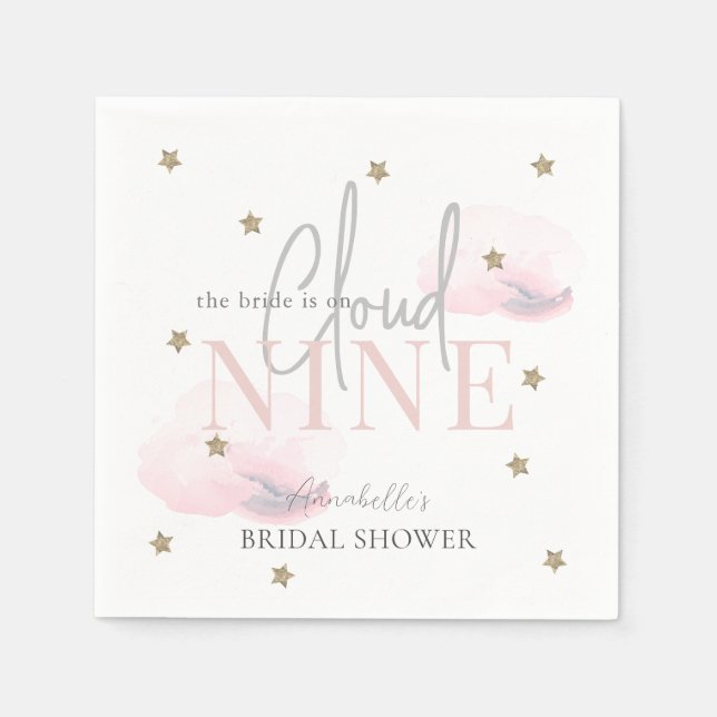 Cloud 9 Gold Stars Pink Watercolor Bridal Shower Napkin (Front)