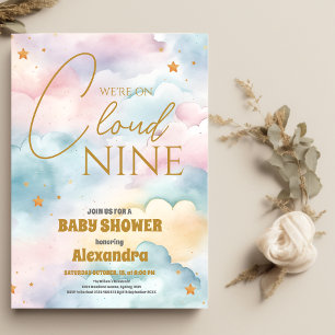 Cloud 9 Gold Stars Watercolor Baby Shower Invitation
