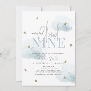 Cloud 9 Gold Stars Watercolor Boy Baby Shower Invitation