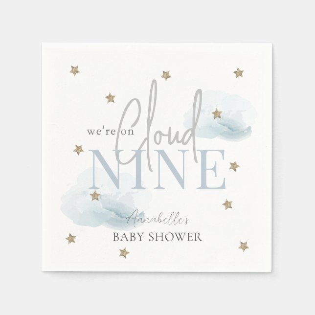 Cloud 9 Gold Stars Watercolor Boy Baby Shower Napkin (Front)