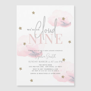 Cloud 9 Gold Stars Watercolor Pink Baby Shower Magnetic Invitation