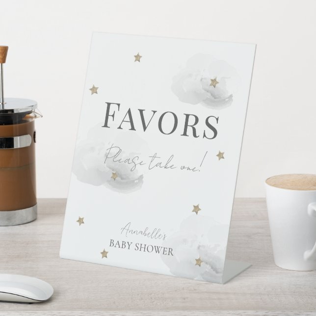 Cloud 9 Grey Clouds & Stars Baby Shower Favours Pedestal Sign (In SItu)