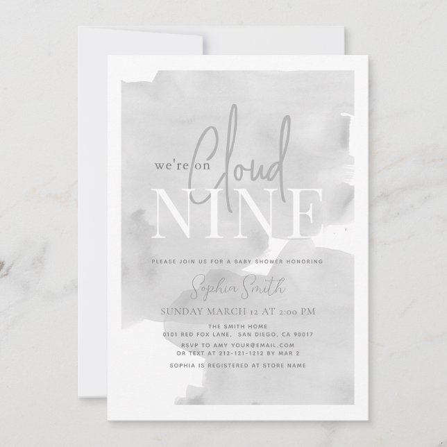 Cloud 9 Grey Sky Watercolor Baby Shower Invitation (Front)